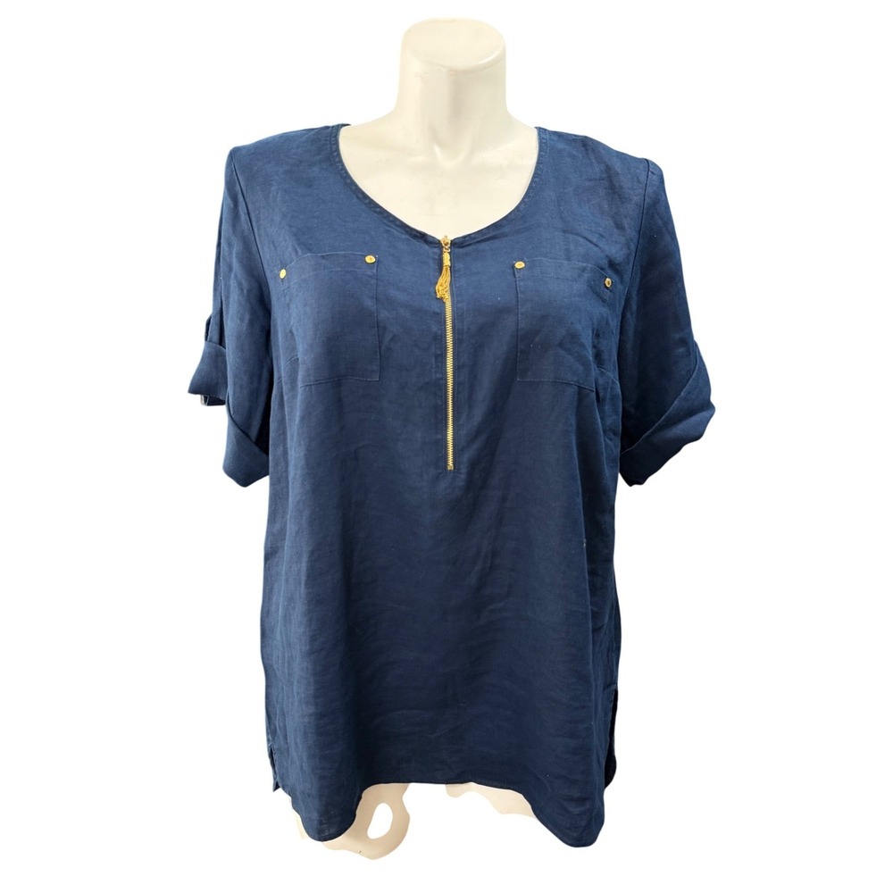 Ellen Tracy Navy Blue Linen Half Zip Tassel Tunic Top Womens 1X Short Sleeve